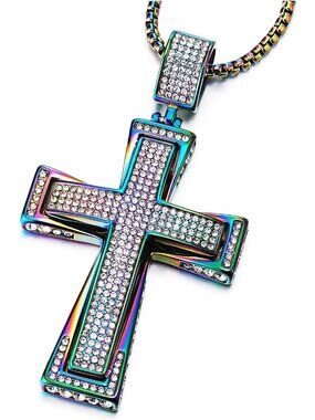 Women's Rainbow Colorful Extra Large Steel Cross Pendant Cubic Zirconia Necklace